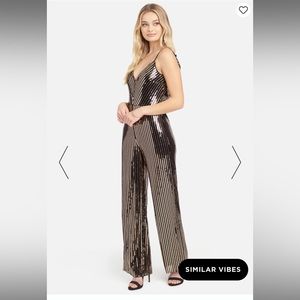 NWT Bebe Black/Gold Sequin Cowl Back Jumpsuit